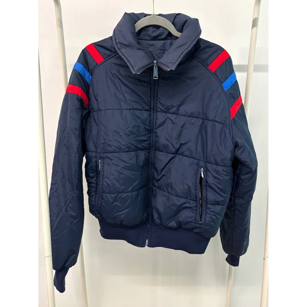 Vintage Raven Swing West Reversible Puffer Jacket Mens L Navy Red Racing Stripe
